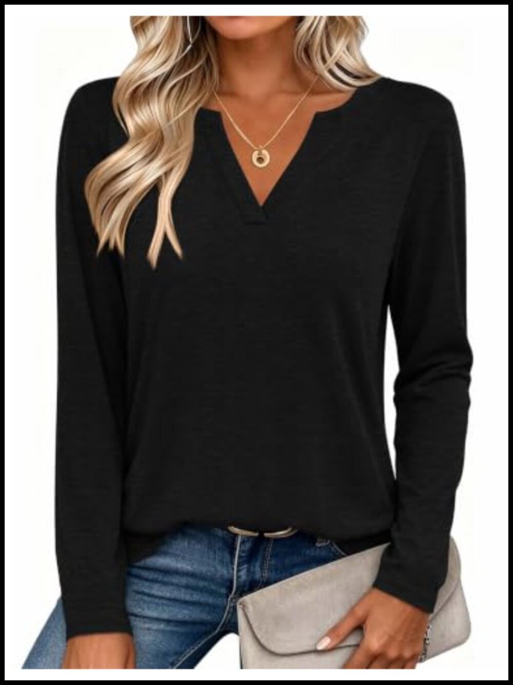 Women's Long Sleeve V Neck Tunic Top Loose Fit Casual Tee Shirt